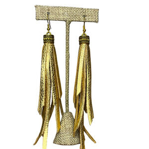 Leather gold fringe tassel earrings - new